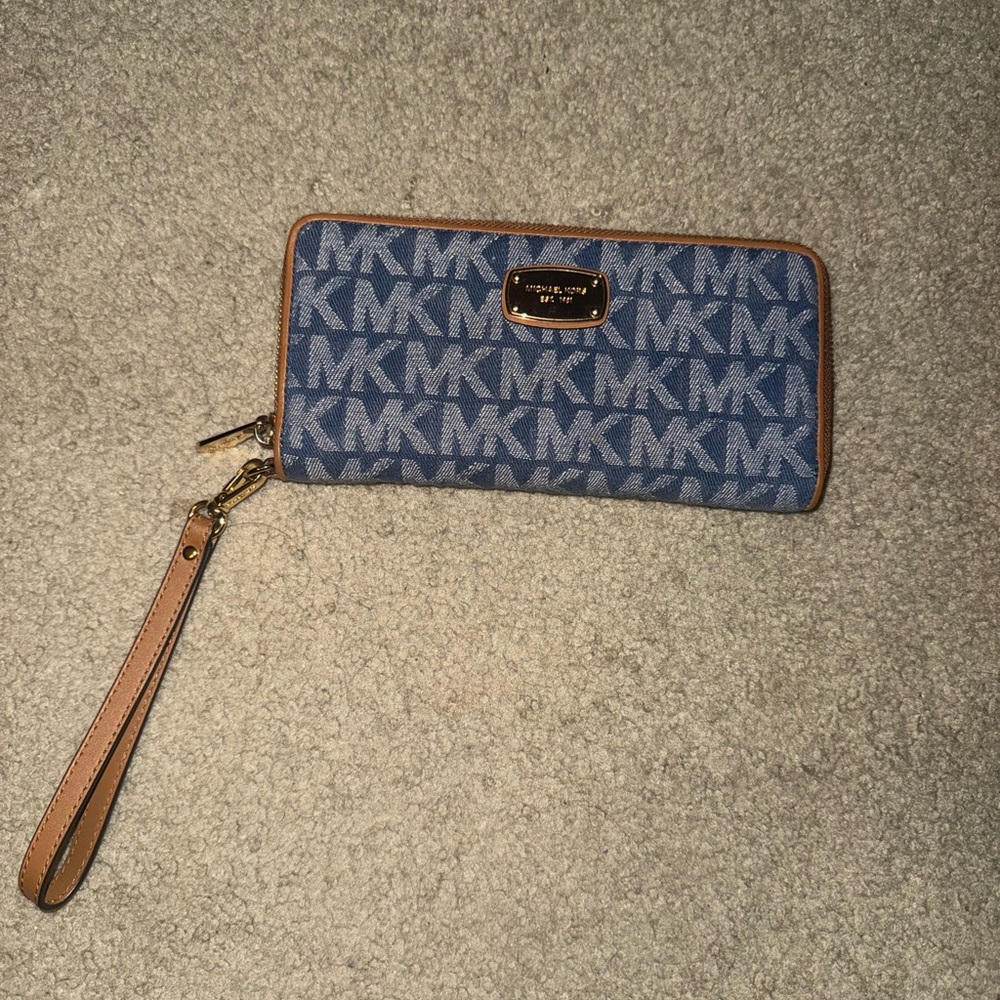 Michael Kors Denim Blue and Tan Wristlet